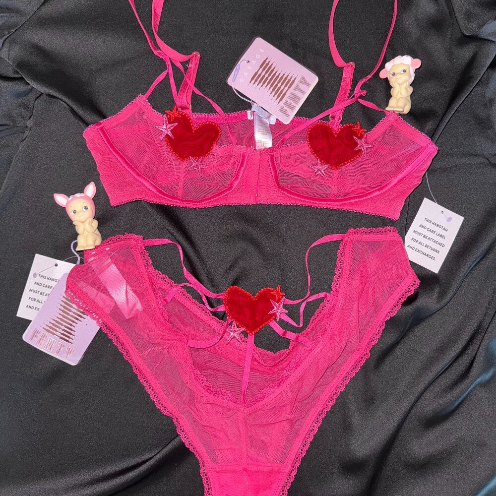 NWT Savage X Fenty Heart Mesh Lingerie Set – Hot Pink (M/L)